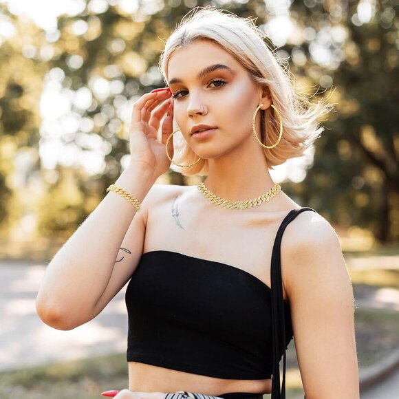 3 Pcs Cuban Link Chain Necklace Bracelet Rhinestone Hoop Earrings Bling Crystal - Picture 6 of 6